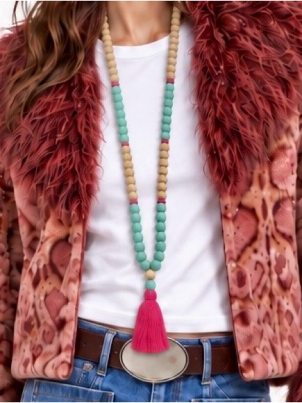 Long Boho beaded wooden bead tassel necklace - Hot Pink Tassel and Aqua Beads